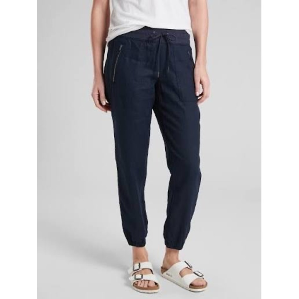Athleta Women 4 Tall Cabo Linen Jogger Taper Pant Navy Blue Summer Casual 530642